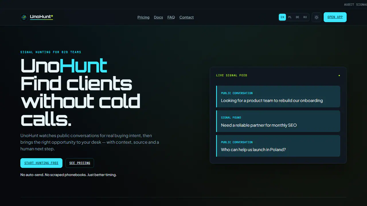 Главная UnoHunt: поиск клиентов по публичным сигналам